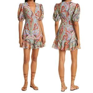 Rhode Ruby Puff Sleeve Ruffle Hem Printed Boho Artsy Mini Dress Womens 10